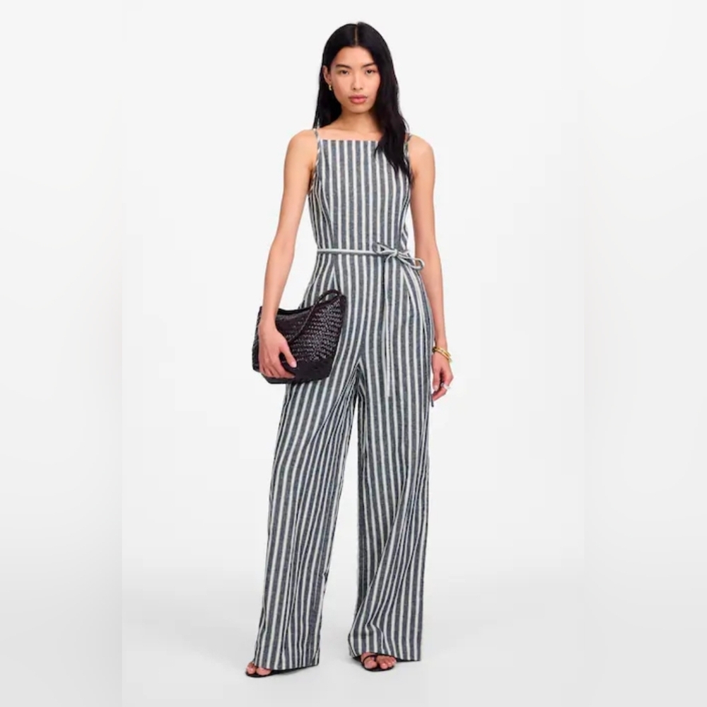 Nwt Pleated Linen Blend Wide Leg Striped Square-Neck Jumpsuit Size2